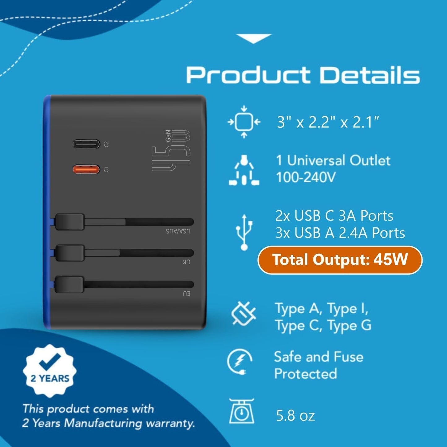 Universal Travel Adapter, 45W International Power Adapter with PD & QC 3.0 Dual USB-C, 3 USB Travel Adapter Worldwide, Type I C G a Outlets 110V 220V A/C - EU Euro US UK (11-KU)